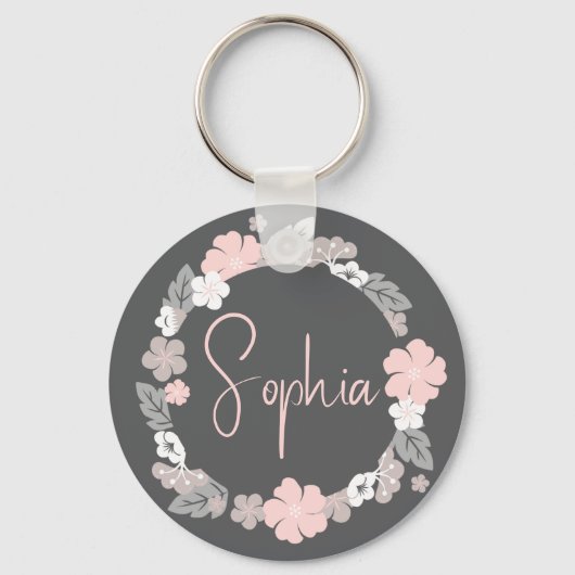 Personalized Floral Name Pink Sleutelhanger (Achterkant)