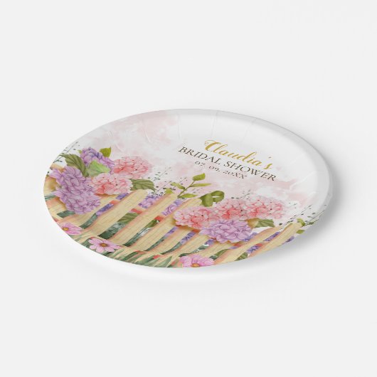 Personalized Floral Picket Fence Hydrangea Bridal  Papieren Bordje (Gekanteld)