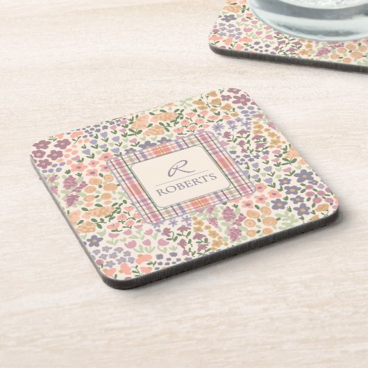 Personalized Floral & Plaid Coaster Set Bier Onderzetter (Linkerzijde)