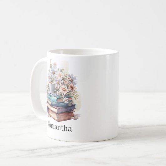 Personalized Floral Stacked Books Koffiemok (Voorkant links)