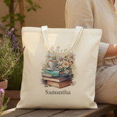 Personalized Floral Stacked Books Tote Bag