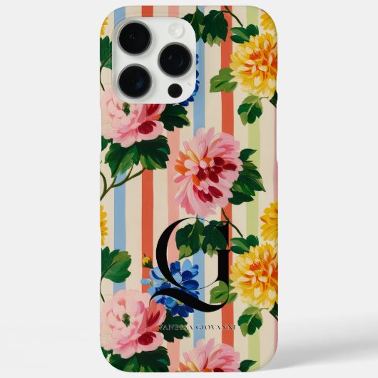 Personalized Floral Stripe Monogram Case-Mate iPhone Case (Achterkant)
