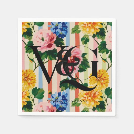 Personalized Floral Stripe Wedding Monogram Servet (Voorkant)