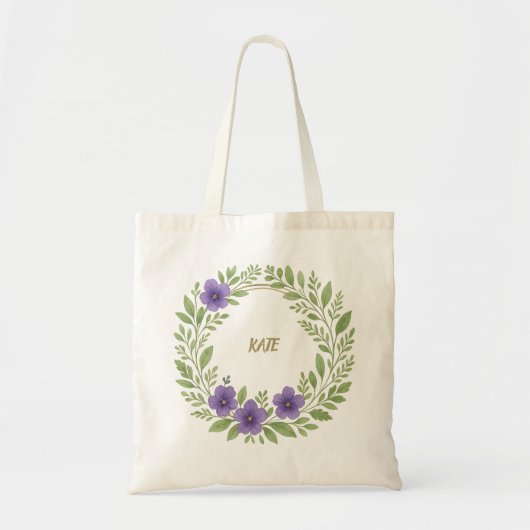Personalized Floral Wreath Tote Bag – Custom Name  (Voorkant)