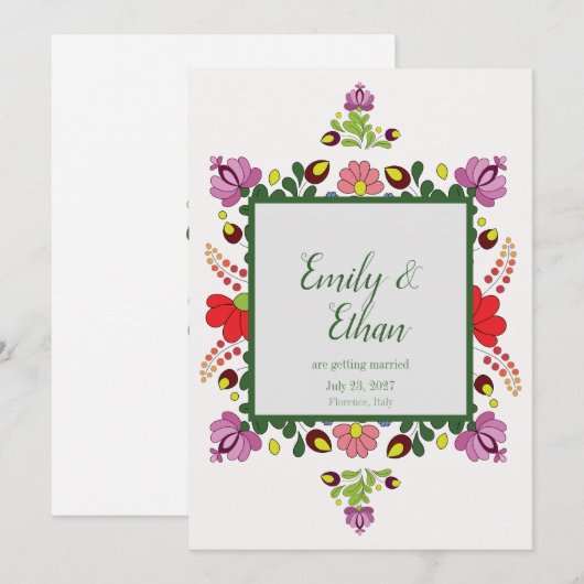 Personalized Folk Floral Wedding & Back Design Kaart (Voorkant / Achterkant)