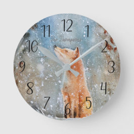 Personalized Fox Winter Scene Round Clock Ronde Klok