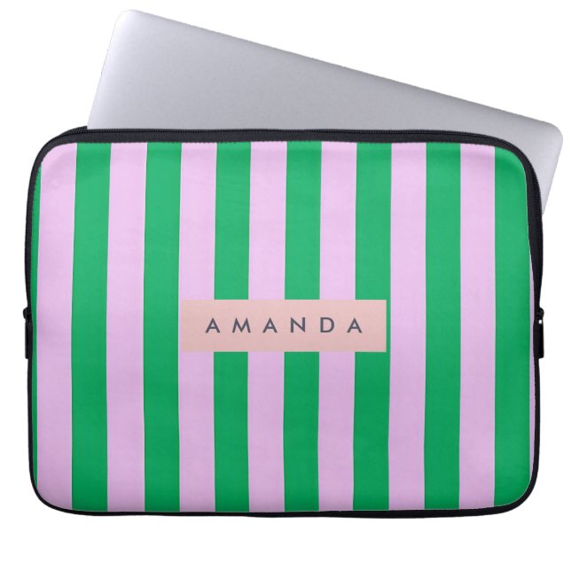 Personalized Fresh Green and Pink Striped Retro Laptop Sleeve (Voorkant)