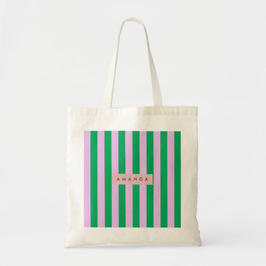 Personalized Fresh Green and Pink Striped Retro Tote Bag (Voorkant)
