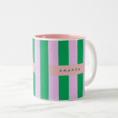Personalized Fresh Green and Pink Striped Retro Tweekleurige Koffiemok (Voorkant rechts)