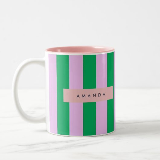 Personalized Fresh Green and Pink Striped Retro Tweekleurige Koffiemok (Links)