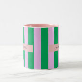 Personalized Fresh Green and Pink Striped Retro Tweekleurige Koffiemok (Center)