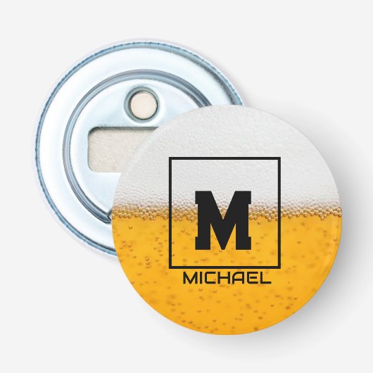 Personalized Frosted Beer Mug with Custom Name Button Flesopener (Voorkant)