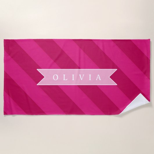 Personalized Fun Cute Modern Pink Stripe Strandlaken (Voorkant)