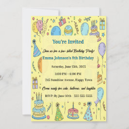 Personalized Fun Doodle Art Kids Birthday Party Kaart