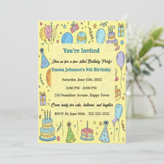 Personalized Fun Doodle Art Kids Birthday Party Kaart (Staand voorkant)