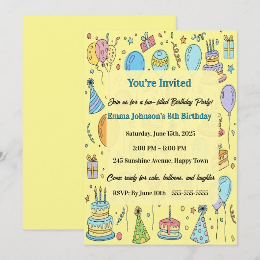 Personalized Fun Doodle Art Kids Birthday Party Kaart (Voorkant / Achterkant)