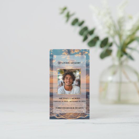 Personalized Funeral Prayer Card – Sunset Design Visitekaartje (Staand voorkant)