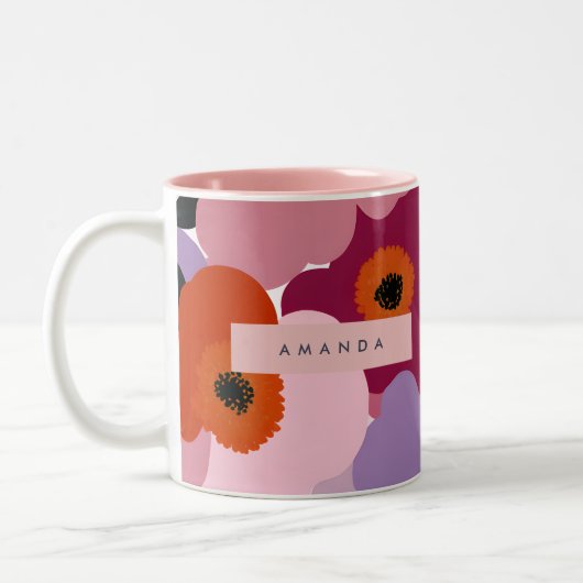 Personalized Funky Red and Pink Flower Design Tweekleurige Koffiemok (Links)