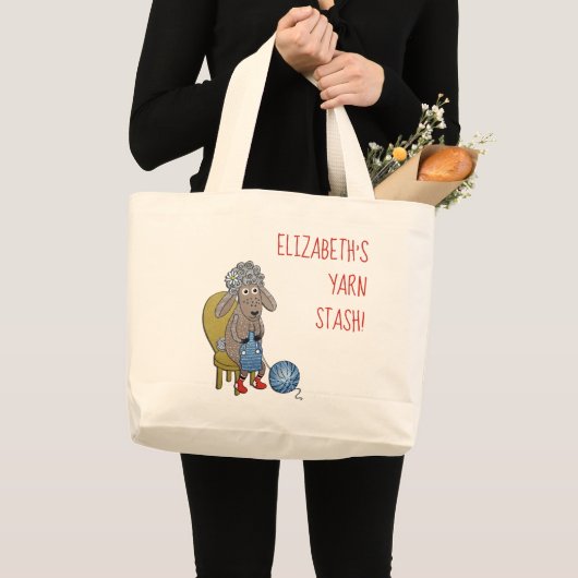 Personalized Funny Sheep Knitter with yarn Grote Tote Bag (Voorkant (product))