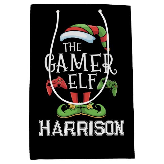 Personalized Gamer Elf Christmas Video Gaming Medium Cadeauzakje (Voorkant)