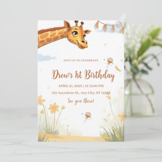 Personalized Giraffe Safari Birthday Invitation Kaart (Staand voorkant)