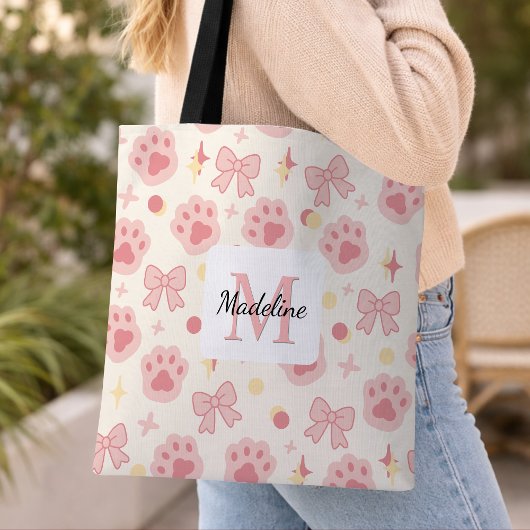 Personalized Girl Cat Paw Cute Bow Name Pink Tote Bag