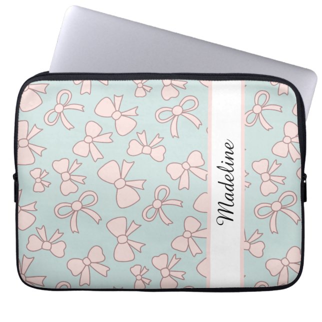 Personalized Girl Cute Bow Name Blue Pink Laptop Sleeve (Voorkant)
