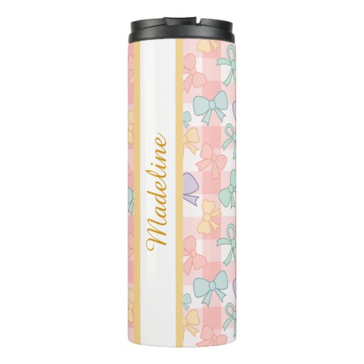 Personalized Girl Cute Bow Name Gingham Thermosbeker (Achterkant)