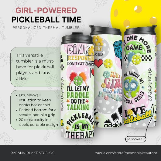 Personalized "Girl-Powered Pickleball Time" Thermosbeker