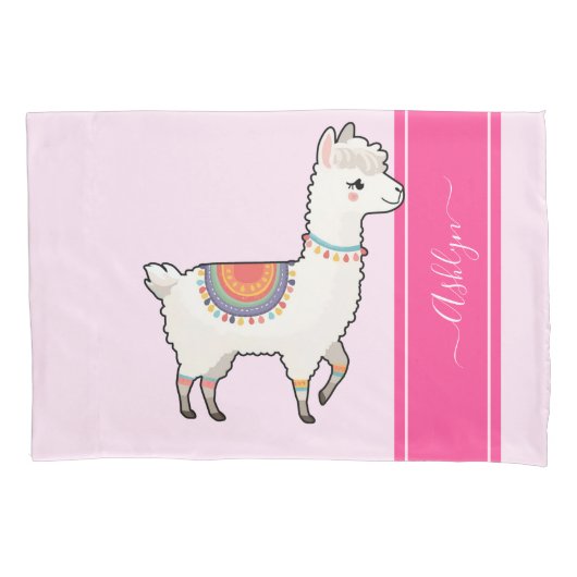 Personalized Girls Hot Pink Cute Rainbow Llama Kussensloop (Voorkant-Links)