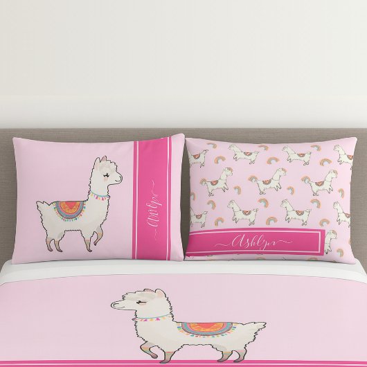 Personalized Girls Hot Pink Cute Rainbow Llama Kussensloop