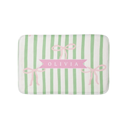 Personalized Girly Coquette Green Stripe Bow Badmat (Voorkant)