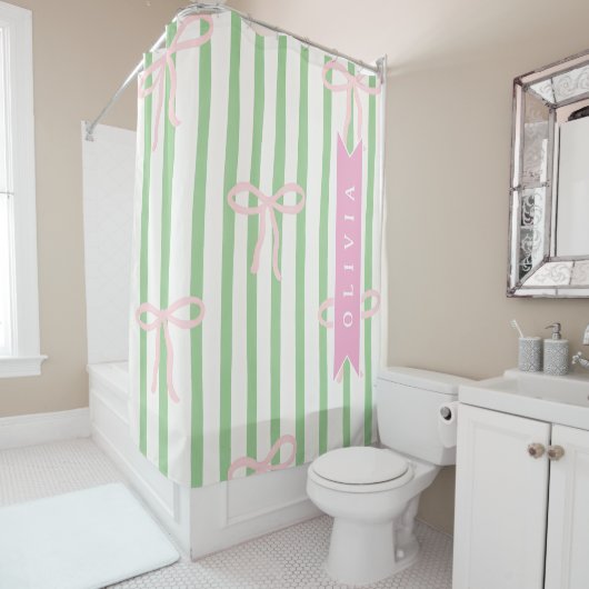 Personalized Girly Coquette Green Stripe Bow Douchegordijn (In situ)
