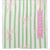 Personalized Girly Coquette Green Stripe Bow Douchegordijn (Voorkant)