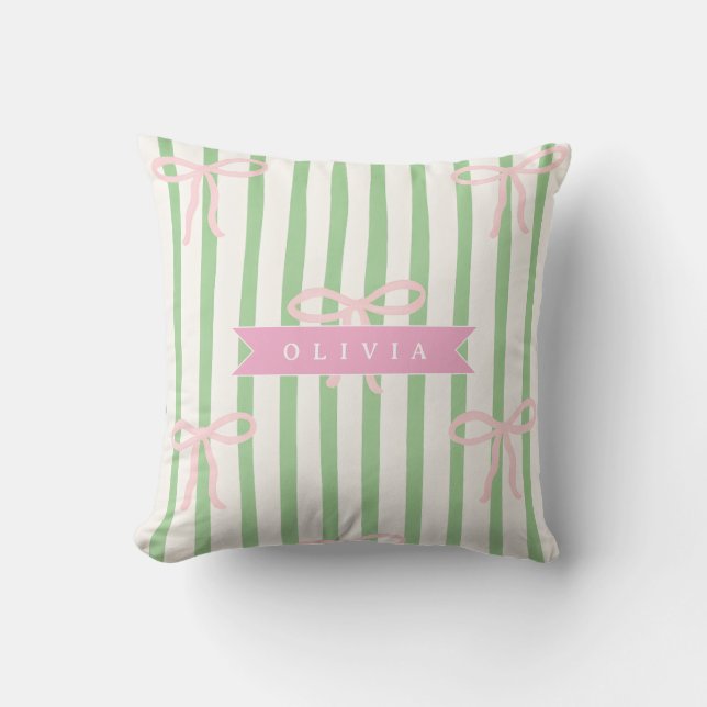 Personalized Girly Coquette Green Stripe Bow Kussen (Voorkant)