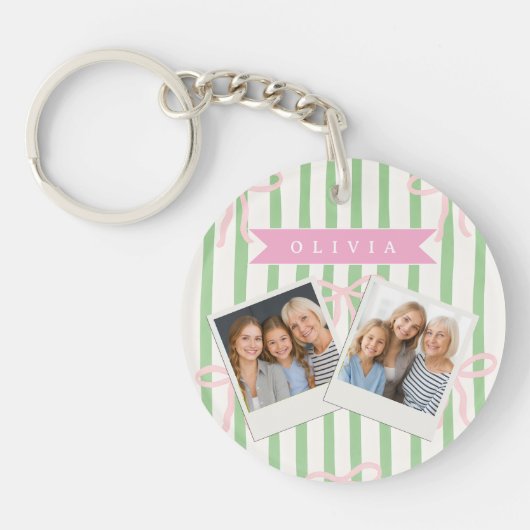 Personalized Girly Coquette Green Stripe Bow Sleutelhanger (Voorkant)