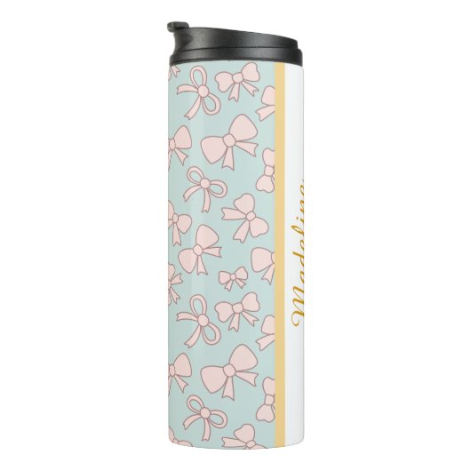 Personalized Girly Cute Bow Name Blue Pink Thermosbeker (Geroteerd rechts)