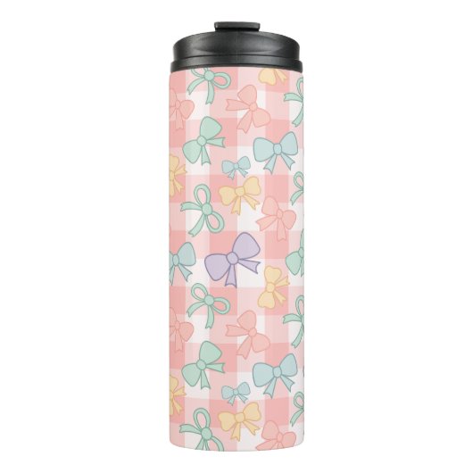 Personalized Girly Cute Bow Name Gingham Thermosbeker (Voorkant)