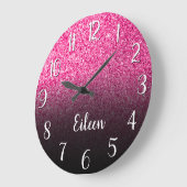 Personalized Girly Hot Pink Glitter Black Ombre Grote Klok (Hoek)