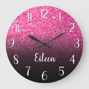 Personalized Girly Hot Pink Glitter Black Ombre Grote Klok