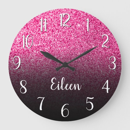 Personalized Girly Hot Pink Glitter Black Ombre Grote Klok (Voorkant)