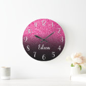 Personalized Girly Hot Pink Glitter Black Ombre Grote Klok (Huis)