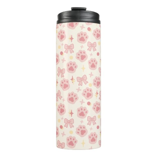 Personalized Girly Pink Cat Paw Cute Bow Name Thermosbeker (Voorkant)