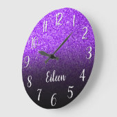 Personalized Girly Purple Glitter Black Ombre Grote Klok (Hoek)