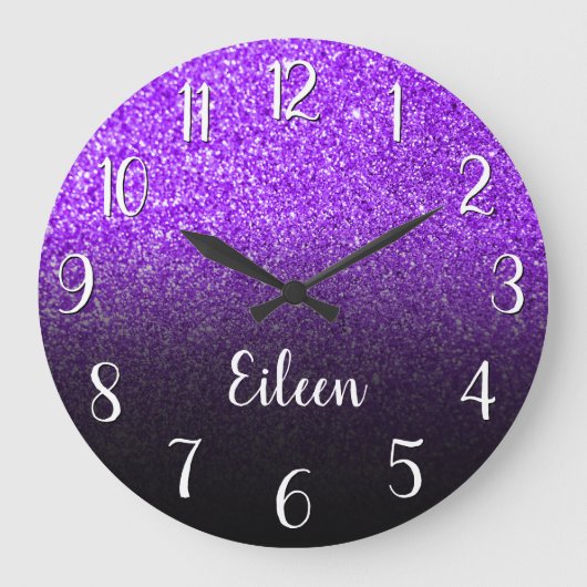 Personalized Girly Purple Glitter Black Ombre Grote Klok (Voorkant)