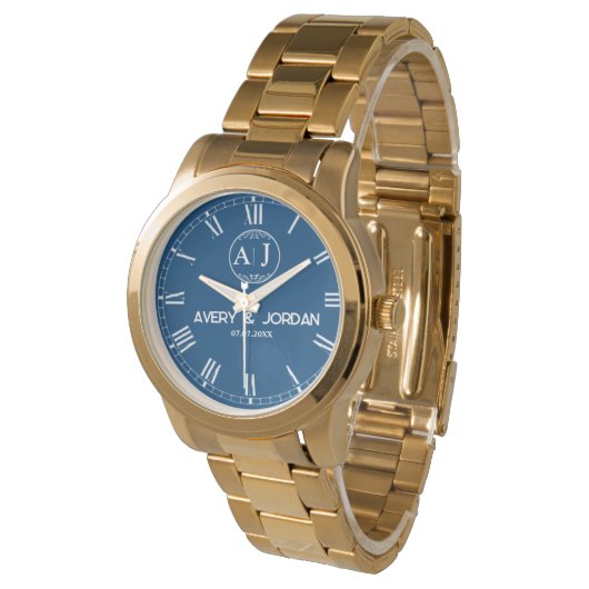 Personalized Gold Blue Dial Elegant Custom Gift Horloge (Gekanteld)