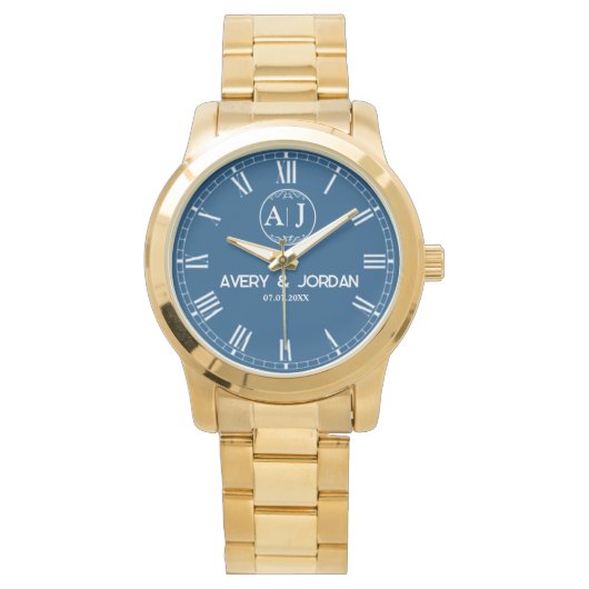 Personalized Gold Blue Dial Elegant Custom Gift Horloge (Voorkant)