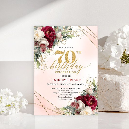 Personalized Gold Floral 70th Birthday Invitation Kaart