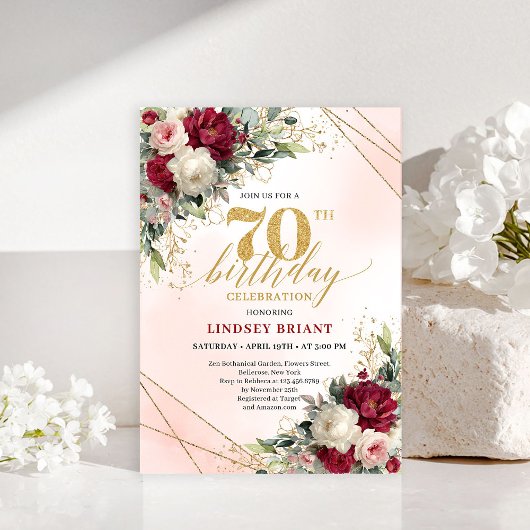 Personalized gold floral 70th birthday invite men kaart