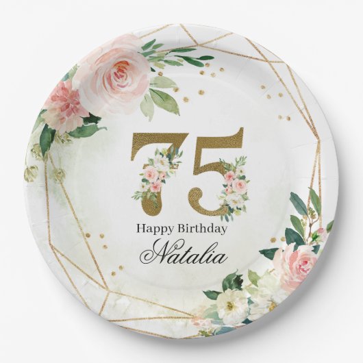 Personalized Gold & Floral 75th Custom Papieren Bordje (Voorkant)